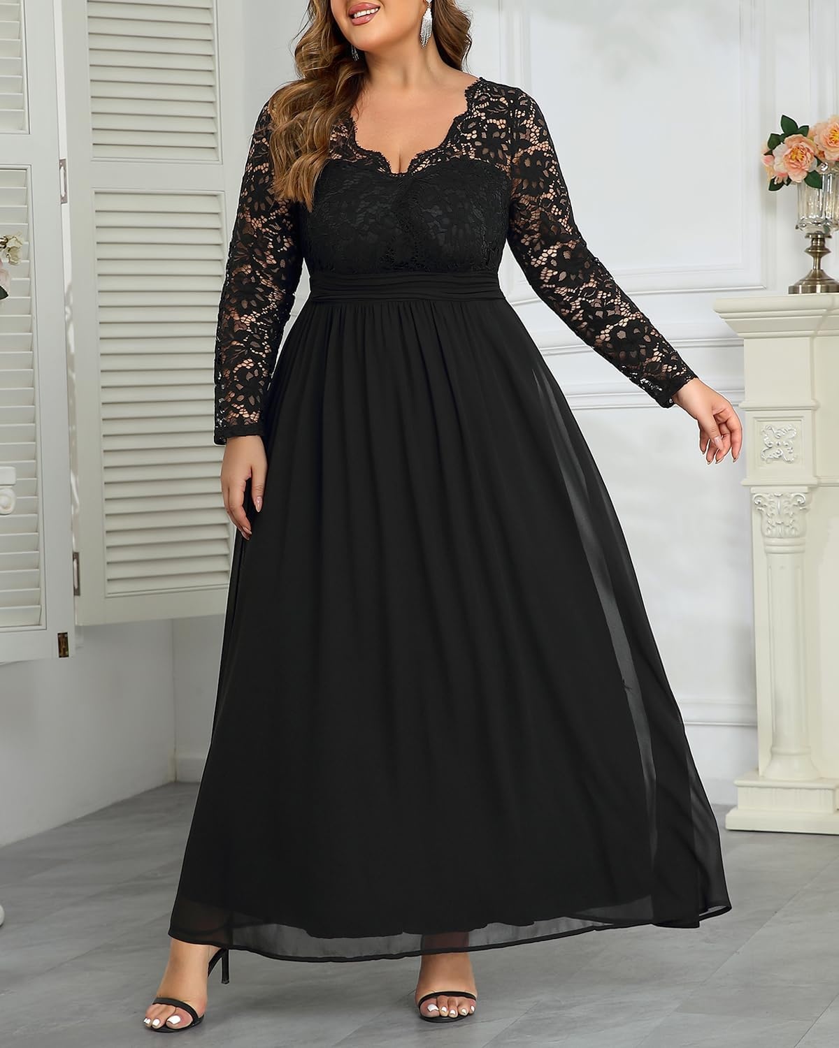 Talisea Plus Size Formal Wedding Dresses – Gowns Evening Prom Elegant V Neck Long Sleeve Lace Chiffon Long Maxi Dress(Black)