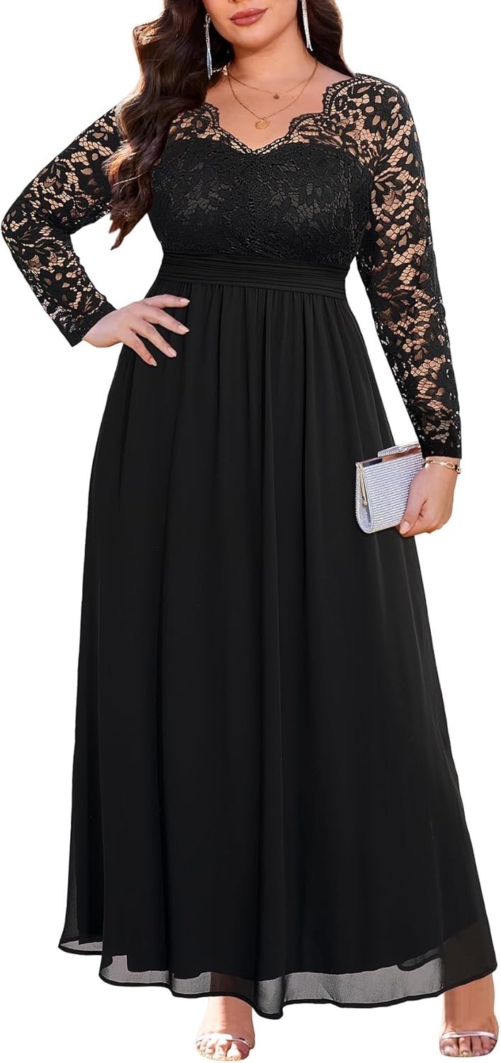 Talisea Plus Size Formal Wedding Dresses – Gowns Evening Prom Elegant V Neck Long Sleeve Lace Chiffon Long Maxi Dress(Black)