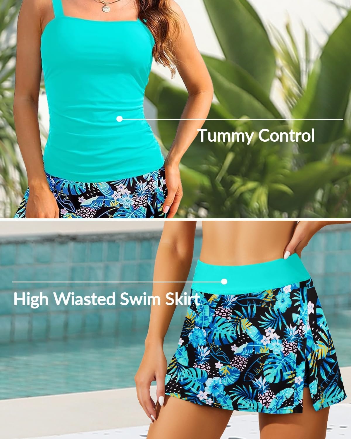Talisea Womens Two Piece Tankini Bathing Suits with Skirt Tummy Control Swimsuits Ladies Swimwear(Blue Leaves)