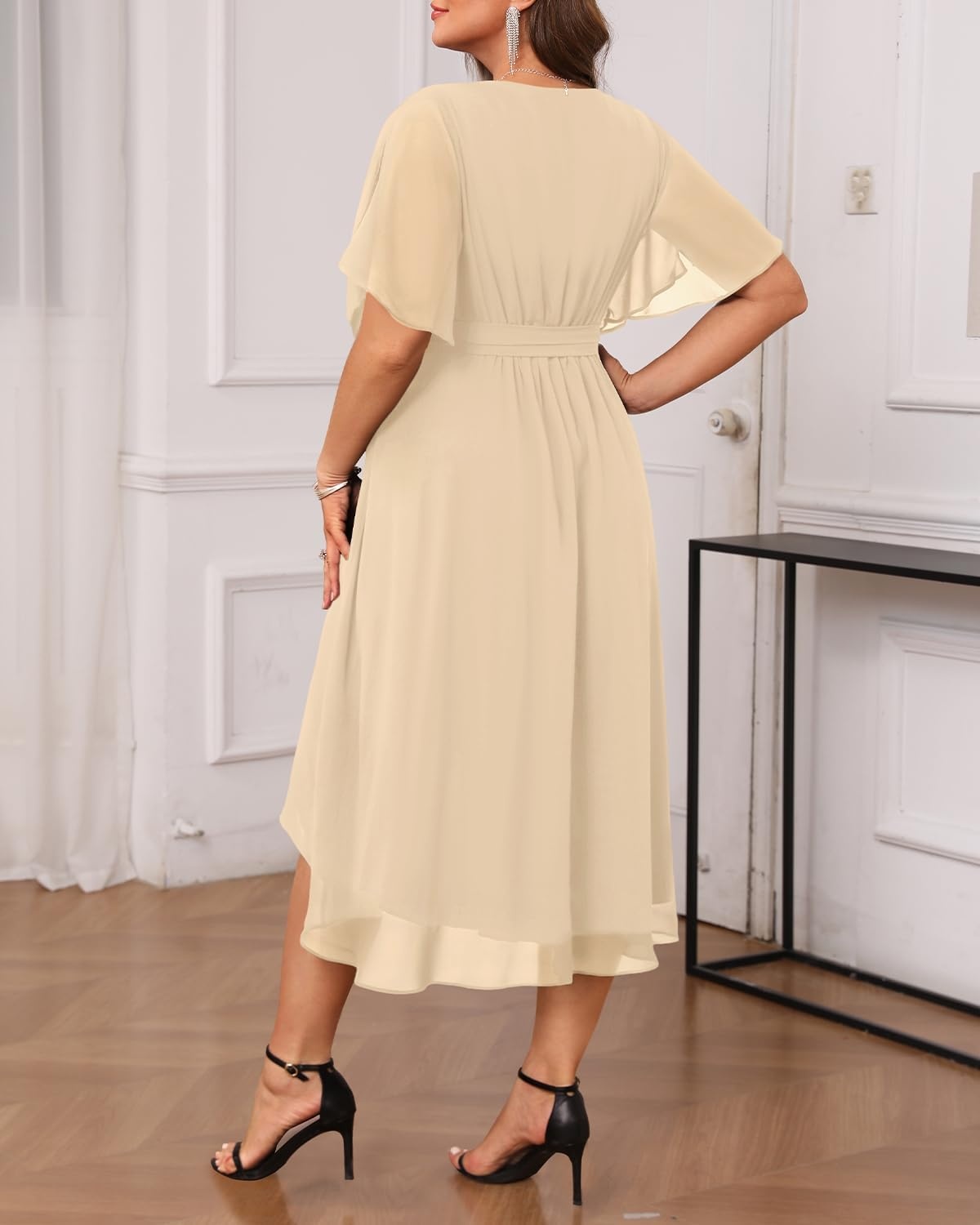Plus Size Dresses Wedding Guest Formal Chiffon Short Sleeve High Low Dress(Champagne)