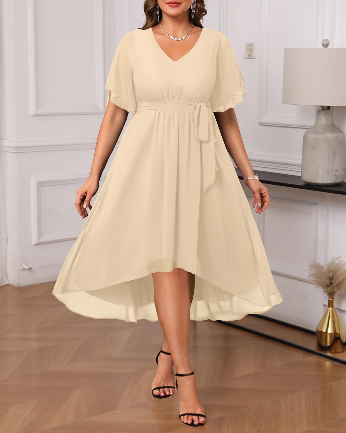 Plus Size Dresses Wedding Guest Formal Chiffon Short Sleeve High Low Dress(Champagne)