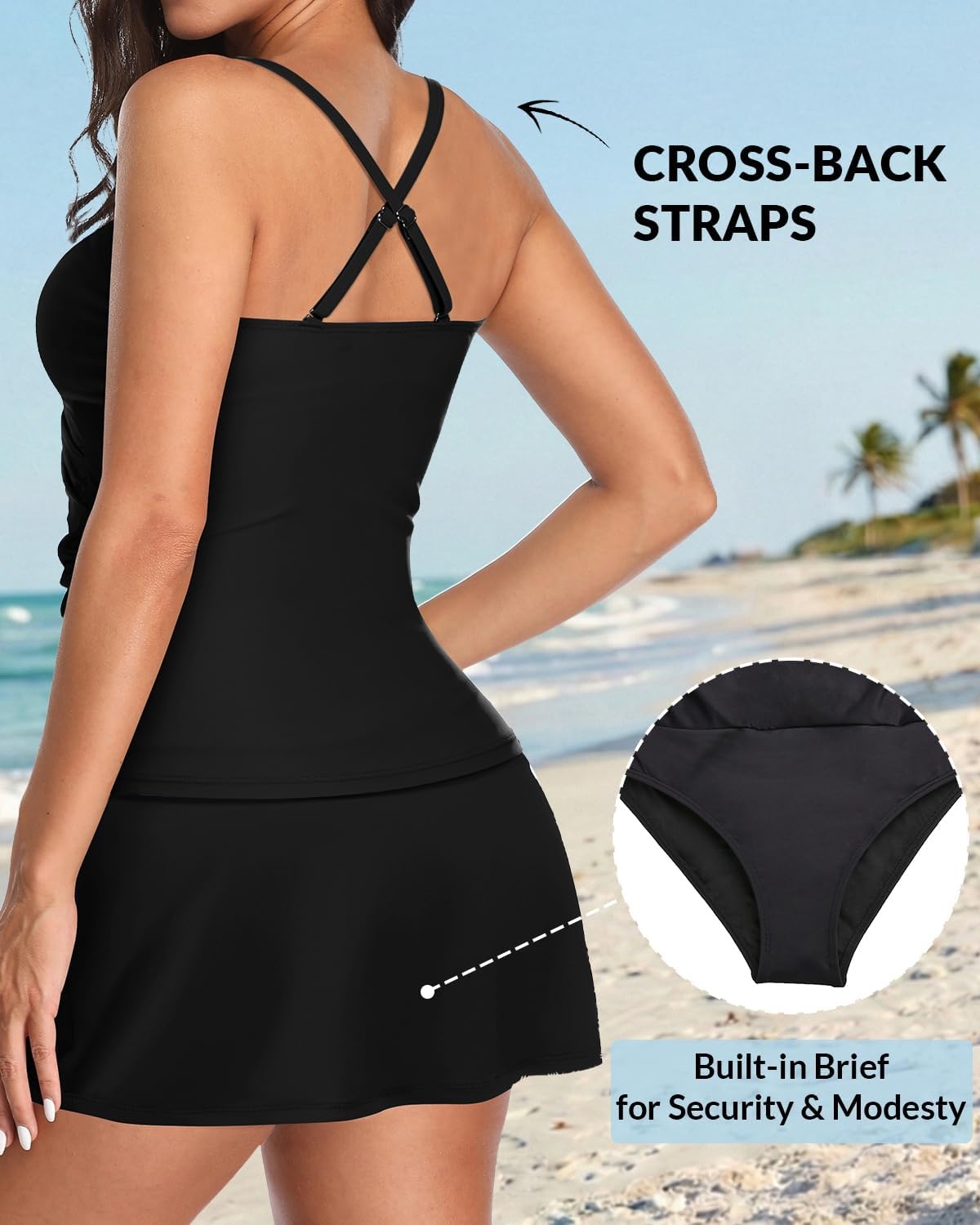 Tankini Bathing Suits with Skirt Two Piece Tummy Control Twist Swimsuits | Adjustable Straps,Slimming Ruching Design,Chic Twist Front and V-Neck,Built-In Safety Brief(Black)