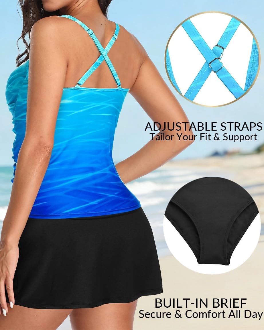 Talisea Womens Tankini Bathing Suits with Skirt Two Piece Tummy Control Swimsuits Ladies Swimwear(Blue Gradient)