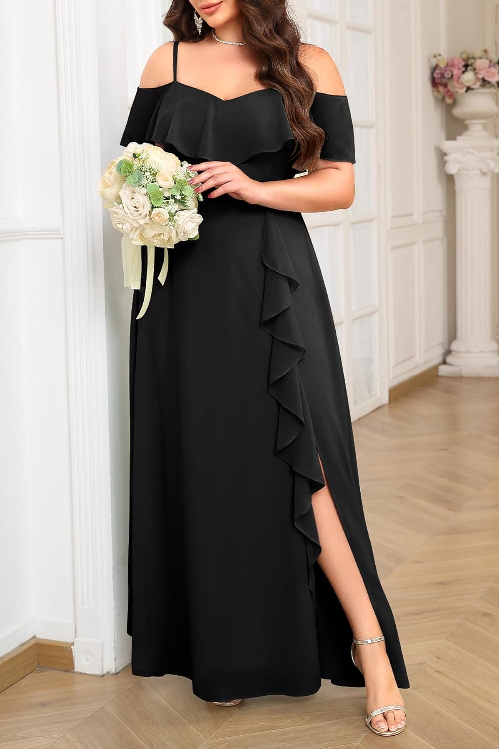 Talisea Plus Size Formal Dresses – Off Shoulder Chiffon High Slit Ruffle Wedding Guest Bridesmaid Prom Evening Dress(Black)