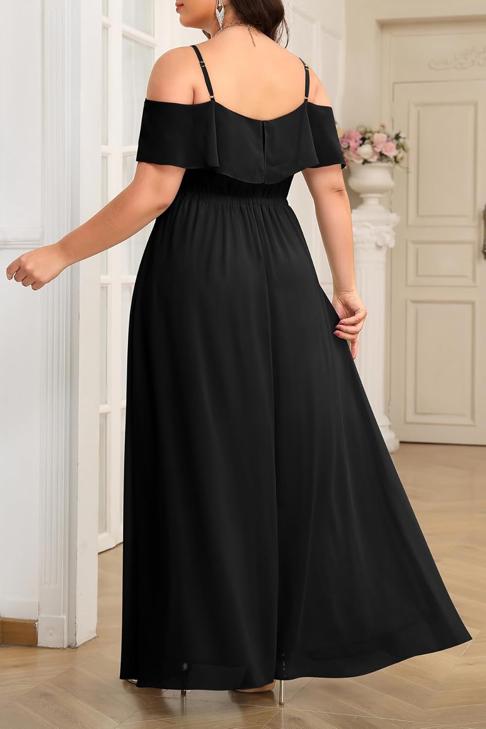 Talisea Plus Size Formal Dresses – Off Shoulder Chiffon High Slit Ruffle Wedding Guest Bridesmaid Prom Evening Dress(Black)