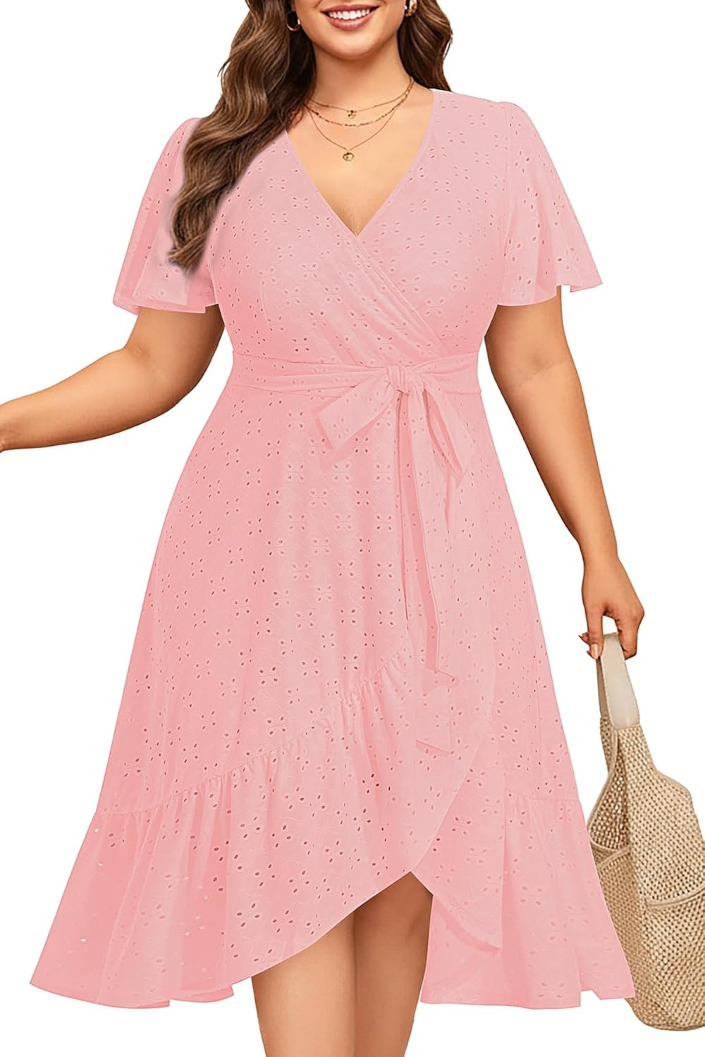 Plus Size Wedding Guest Dress – Summer Semi Formal Midi Eyelet Short Sleeve Wrap V Neck Belted A Line Dresses 2025(Pink)
