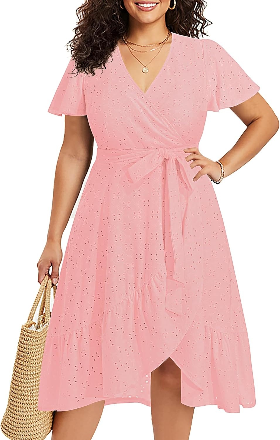 Plus Size Wedding Guest Dress – Summer Semi Formal Midi Eyelet Short Sleeve Wrap V Neck Belted A Line Dresses 2025(Pink)