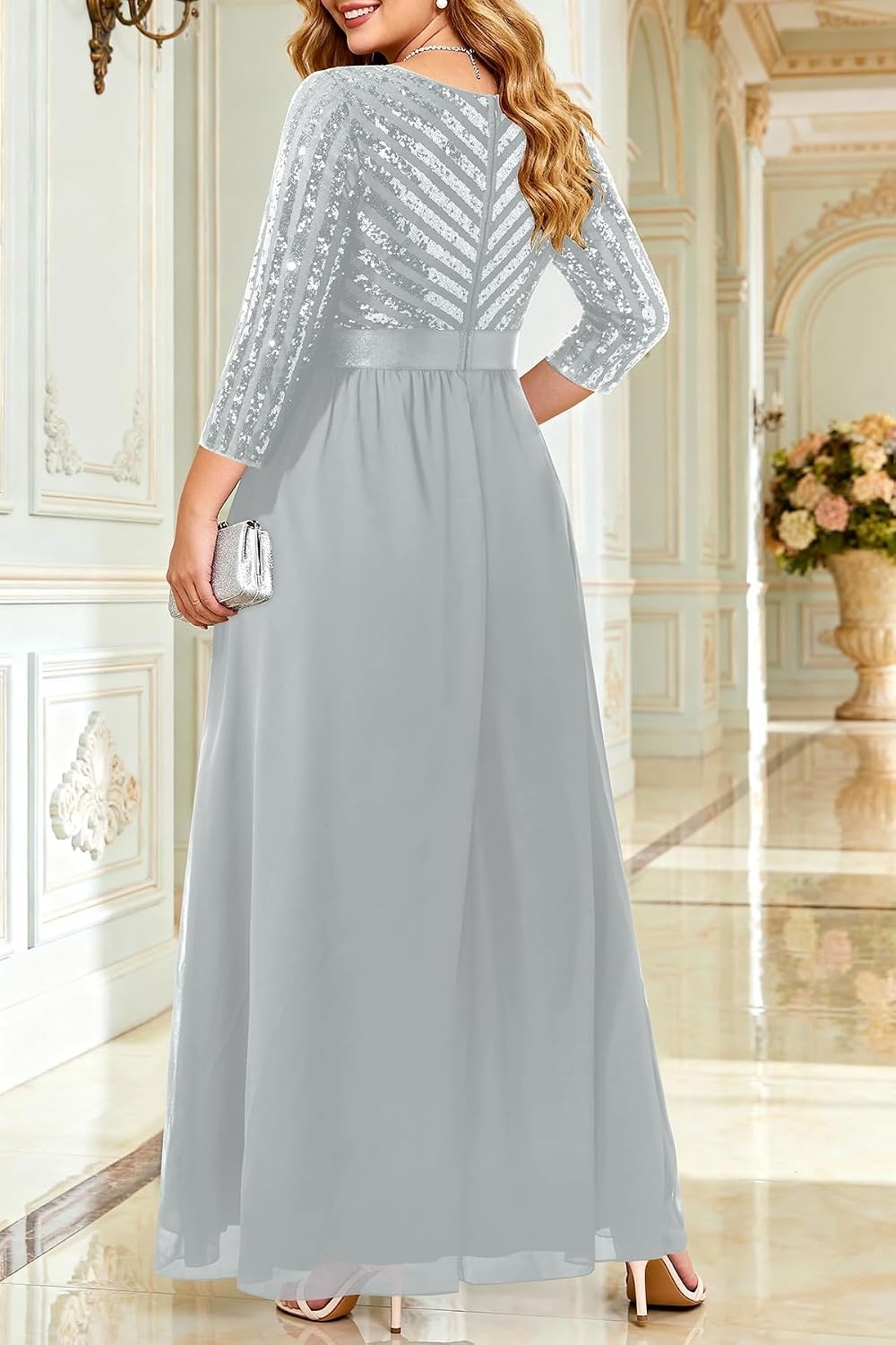 Womens Plus Size Formal Dresses – V Neck 3/4 Sleeve Sequin Prom Evening Gowns Long Maxi Dres(Gray)