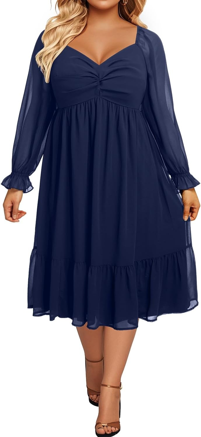 Talisea Plus Size Dresses Sweetheart Neckline Long Sleeves Chiffon Party Cocktail A Line Curvy Womens Midi Dress(Navy Blue)