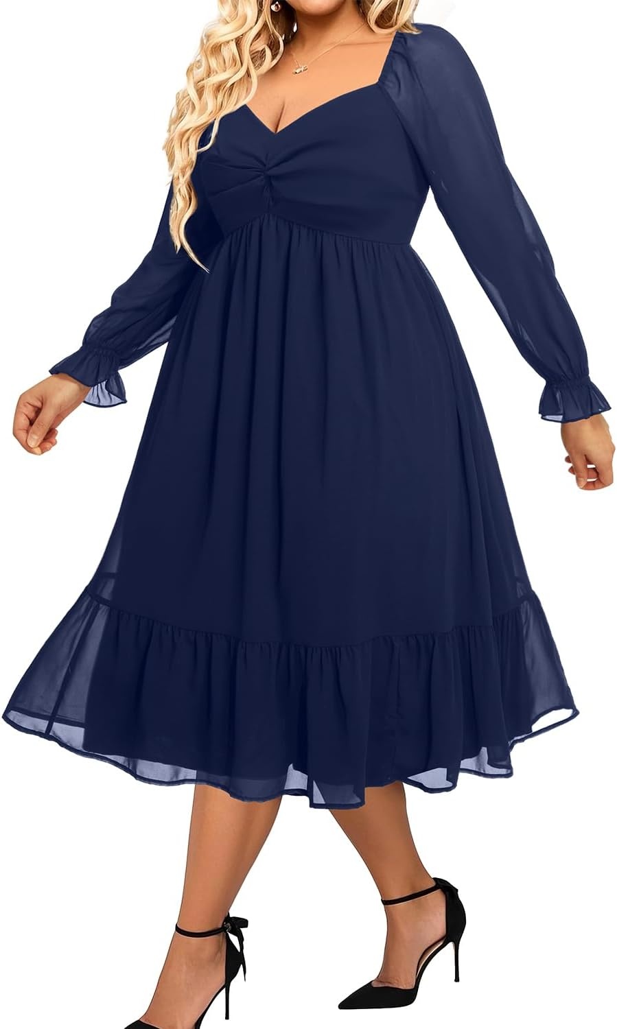 Talisea Plus Size Dresses Sweetheart Neckline Long Sleeves Chiffon Party Cocktail A Line Curvy Womens Midi Dress(Navy Blue)