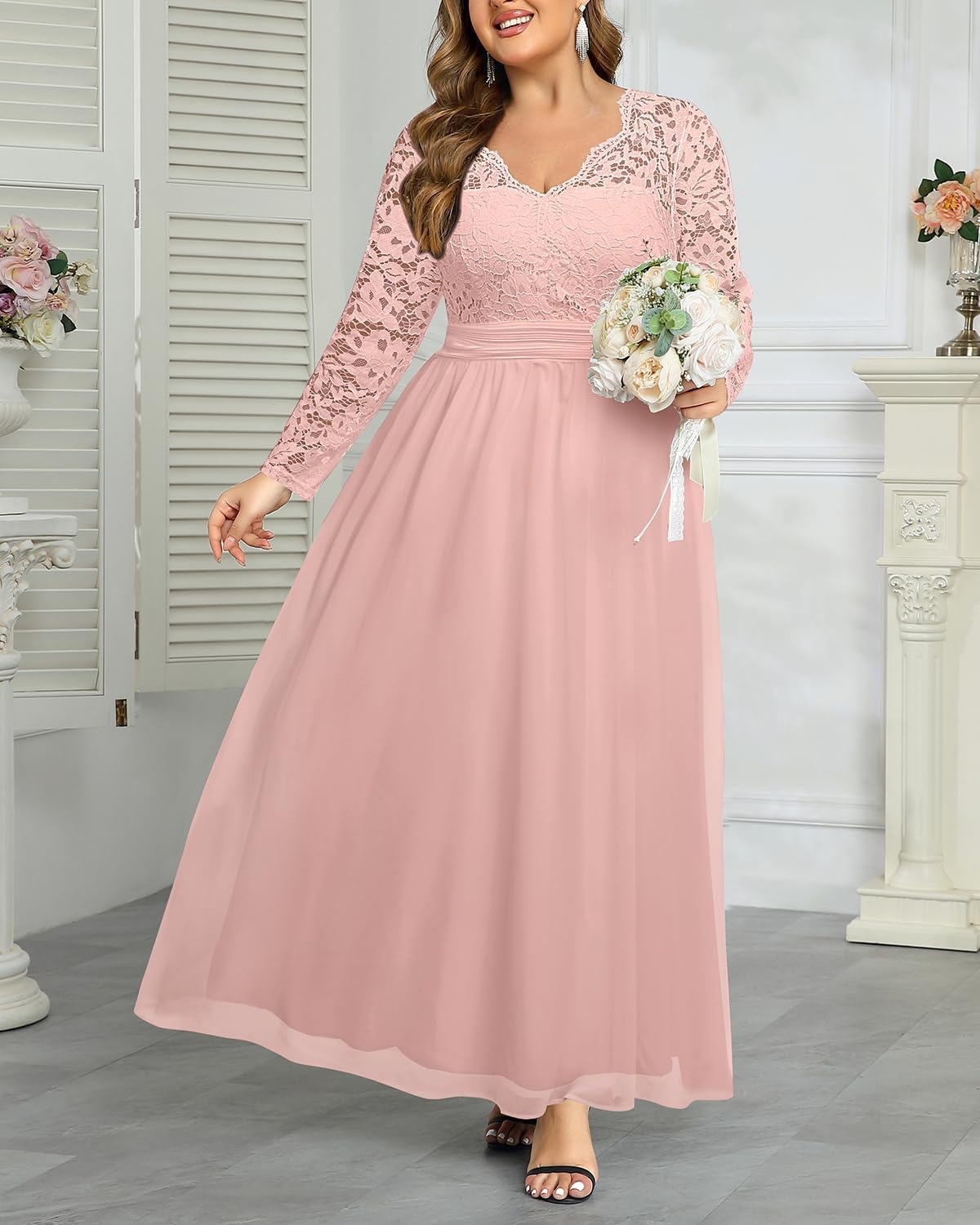 Plus Size Formal Dress V-Neck Lace Chiffon Maxi Wedding Guest Gown | Flattering Double V-Neck, Lace Sleeves, Empire Front & Smocked Back Waist, Chiffon Maxi Dress for Bridesmaids & Formal Events(Pink)