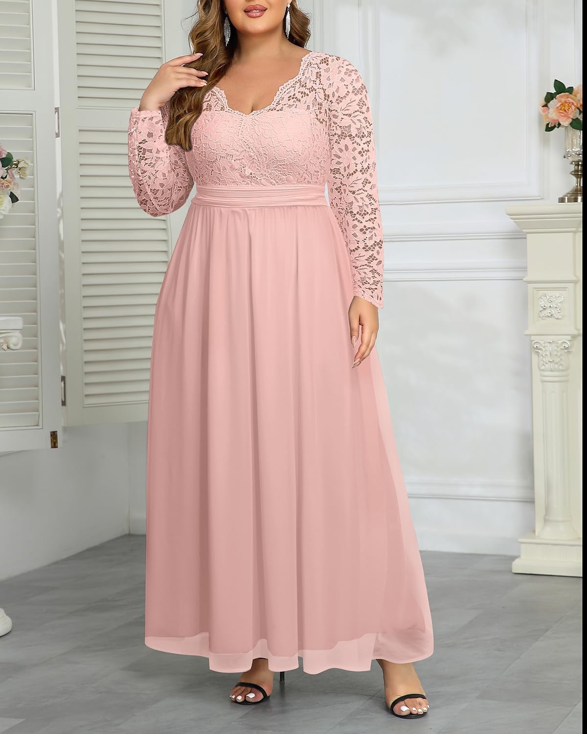 Plus Size Formal Dress V-Neck Lace Chiffon Maxi Wedding Guest Gown | Flattering Double V-Neck, Lace Sleeves, Empire Front & Smocked Back Waist, Chiffon Maxi Dress for Bridesmaids & Formal Events(Pink)