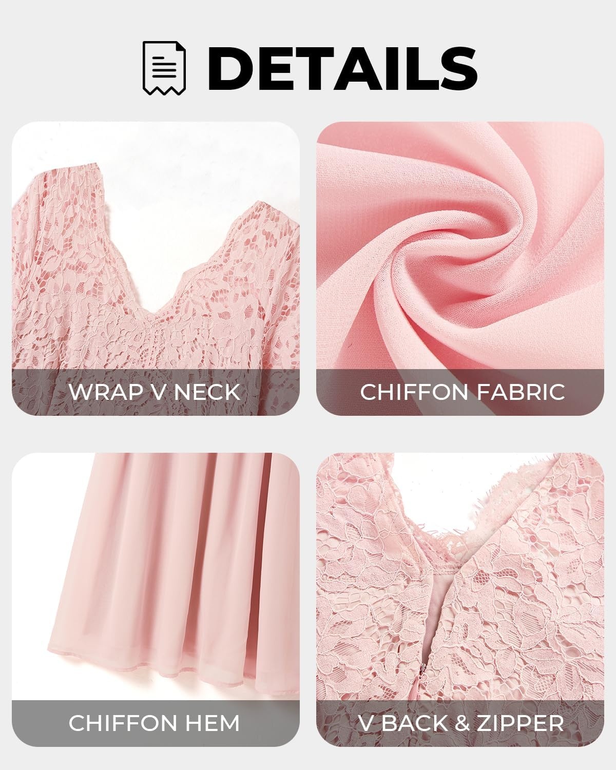 Plus Size Formal Dress V-Neck Lace Chiffon Maxi Wedding Guest Gown | Flattering Double V-Neck, Lace Sleeves, Empire Front & Smocked Back Waist, Chiffon Maxi Dress for Bridesmaids & Formal Events(Pink)