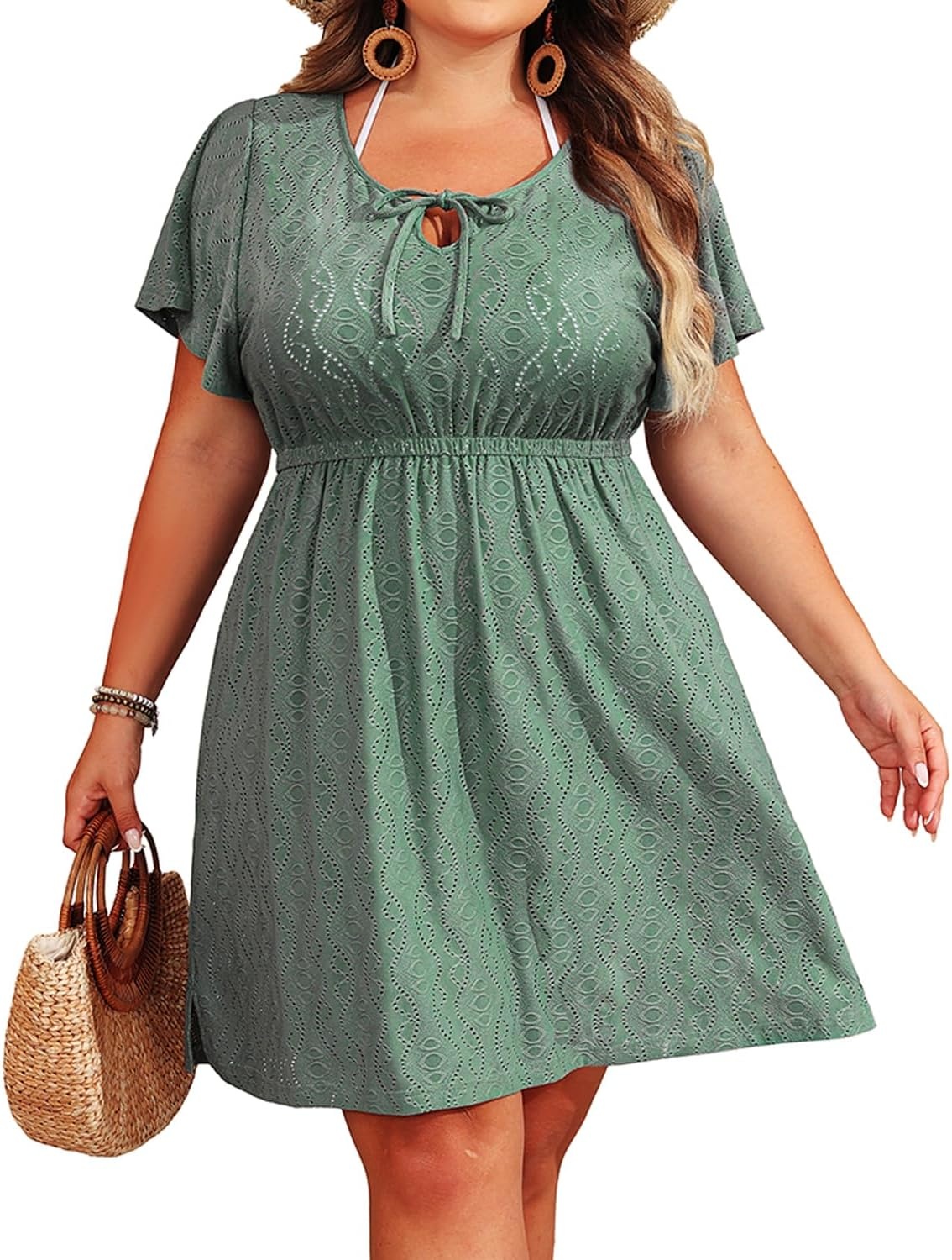 Talisea Plus Size Swimsuit Cover Up – Eyelet Casual Beach Crew Neck Short Sleeve Bathing Suit Coverup Dress for Women Summer(Gray Green)