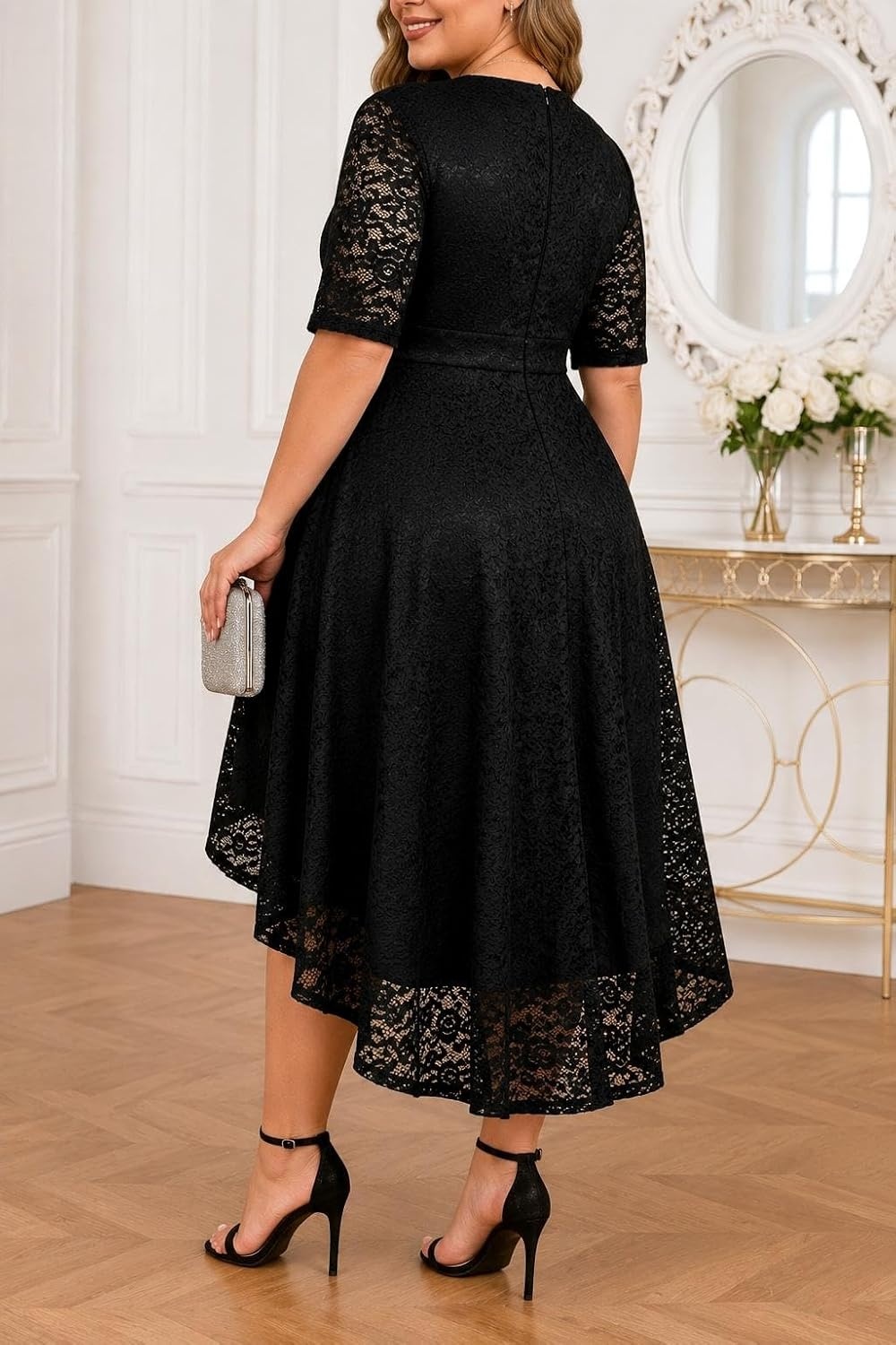 Plus Size Wedding Guest Dress – Lace Cocktail Formal Faux Wrap V Neck High Low Short Sleeve Party Maxi Dresses(Black)