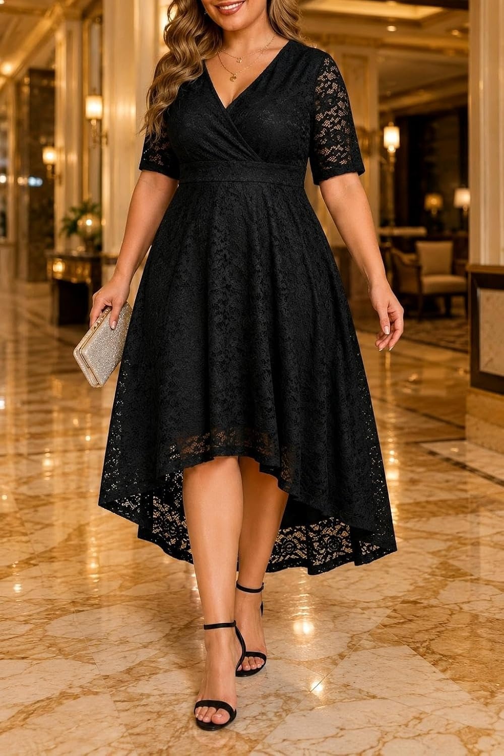 Plus Size Wedding Guest Dress – Lace Cocktail Formal Faux Wrap V Neck High Low Short Sleeve Party Maxi Dresses(Black)