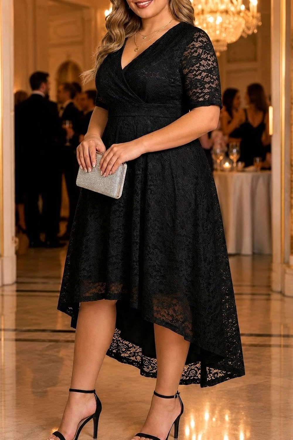 Plus Size Wedding Guest Dress – Lace Cocktail Formal Faux Wrap V Neck High Low Short Sleeve Party Maxi Dresses(Black)