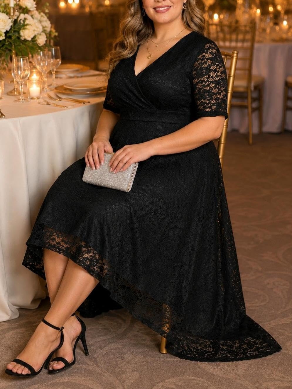 Plus Size Wedding Guest Dress – Lace Cocktail Formal Faux Wrap V Neck High Low Short Sleeve Party Maxi Dresses(Black)