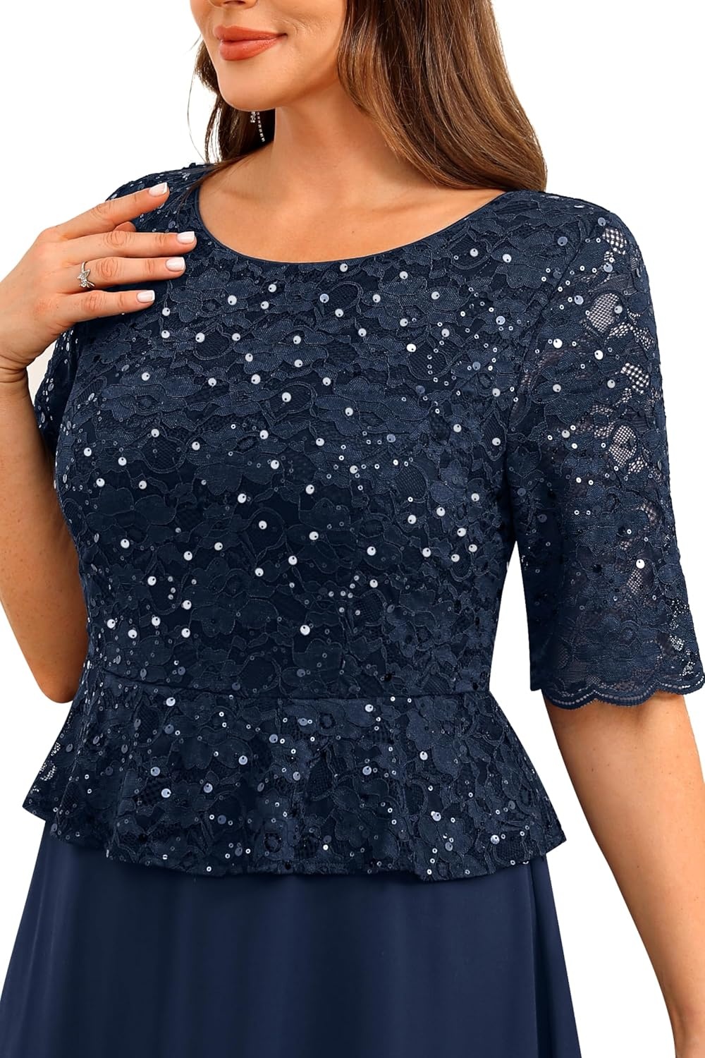 Plus Size Formal Dress – Sequin Lace Mother of The Bride Maxi Dress Women | Elegant formal maxi evening gown; sequin lace bodice; ideal for mother of the bride & wedding guests.(Navy Blue)