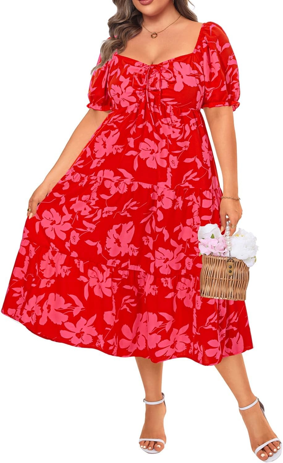 Plus Size Summer Dresses – Sweetheart Neck Drawstring Puff Sleeve Casual Tiered Aline Flowy Midi Dress(Red Floral)
