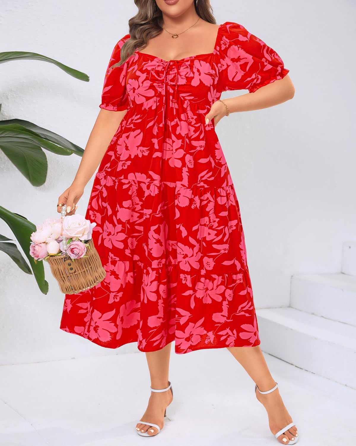 Plus Size Summer Dresses – Sweetheart Neck Drawstring Puff Sleeve Casual Tiered Aline Flowy Midi Dress(Red Floral)