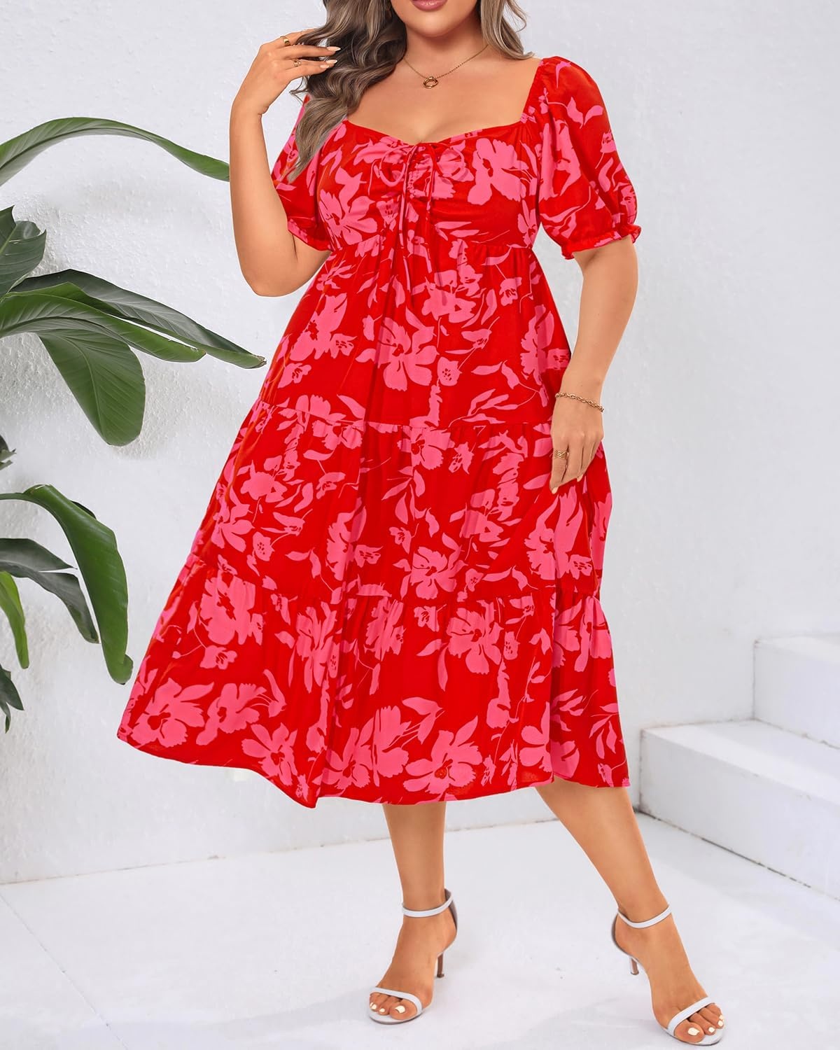 Plus Size Summer Dresses – Sweetheart Neck Drawstring Puff Sleeve Casual Tiered Aline Flowy Midi Dress(Red Floral)