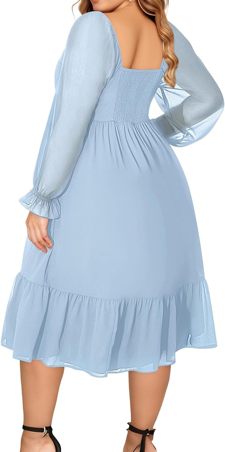 Plus Size Wedding Guest Dress Chiffon Sweetheart A Line Midi Dresses Women | Plus Size Cocktail Wedding Guest Dress Women Fall Semi Formal Dresses for Special Occasions Flowy Chiffon A Line Midi Dress(Light Blue)