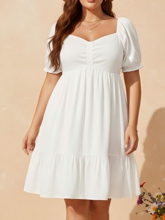 Talisea Women’s Plus Size Summer Dress – Sweetheart Neck Puff Sleeve Casual Sundress Graduation Teen Babydoll Short Dresses(White)