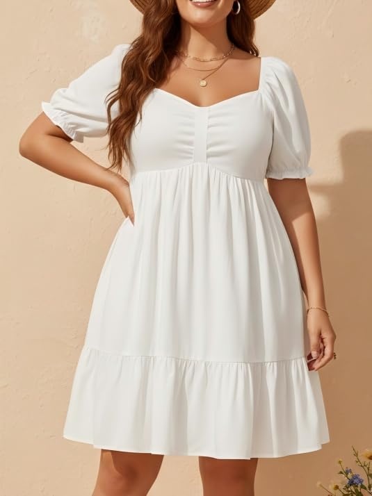 Talisea Women’s Plus Size Summer Dress – Sweetheart Neck Puff Sleeve Casual Sundress Graduation Teen Babydoll Short Dresses(White)