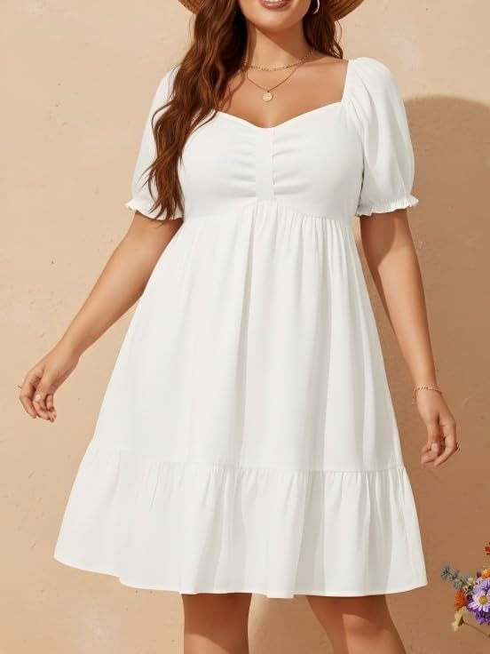 Talisea Women’s Plus Size Summer Dress – Sweetheart Neck Puff Sleeve Casual Sundress Graduation Teen Babydoll Short Dresses(White)
