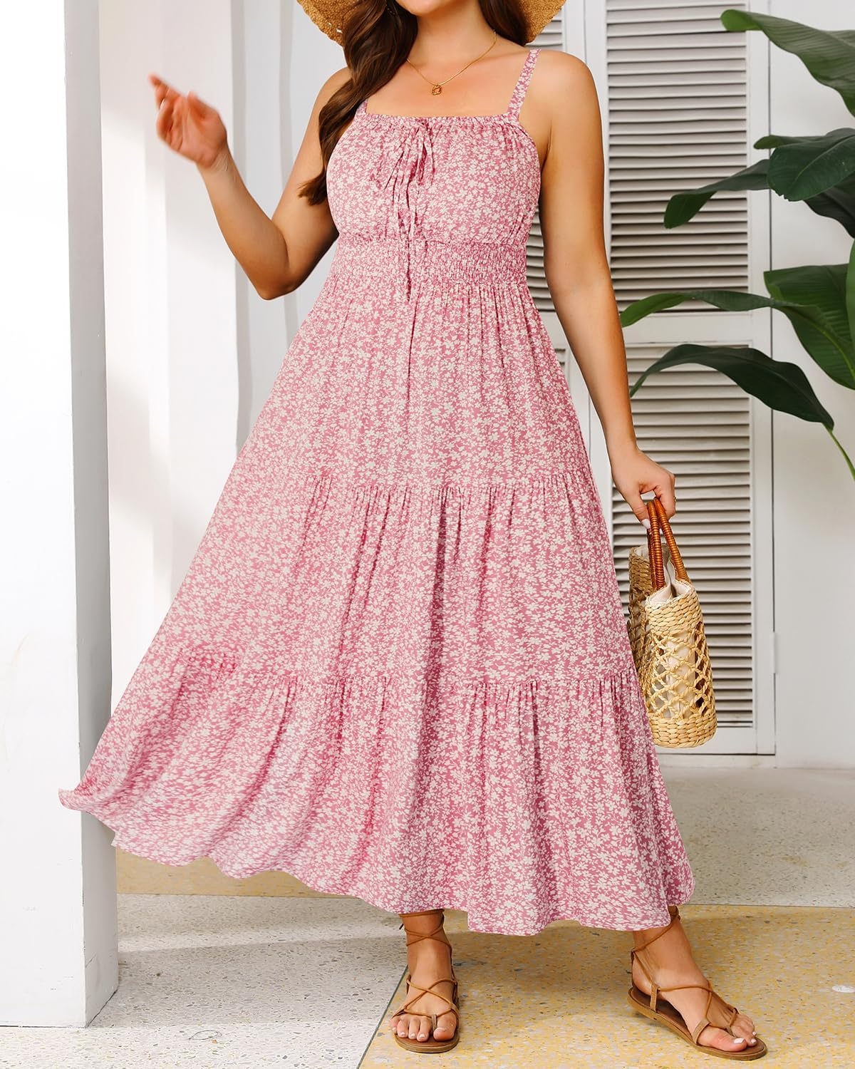 Plus Size Summer Dresses – Boho Maxi Sundress with Pockets Spaghetti Strap Long Casual Sun Dress for Vacation and Beach(Pink Floral)