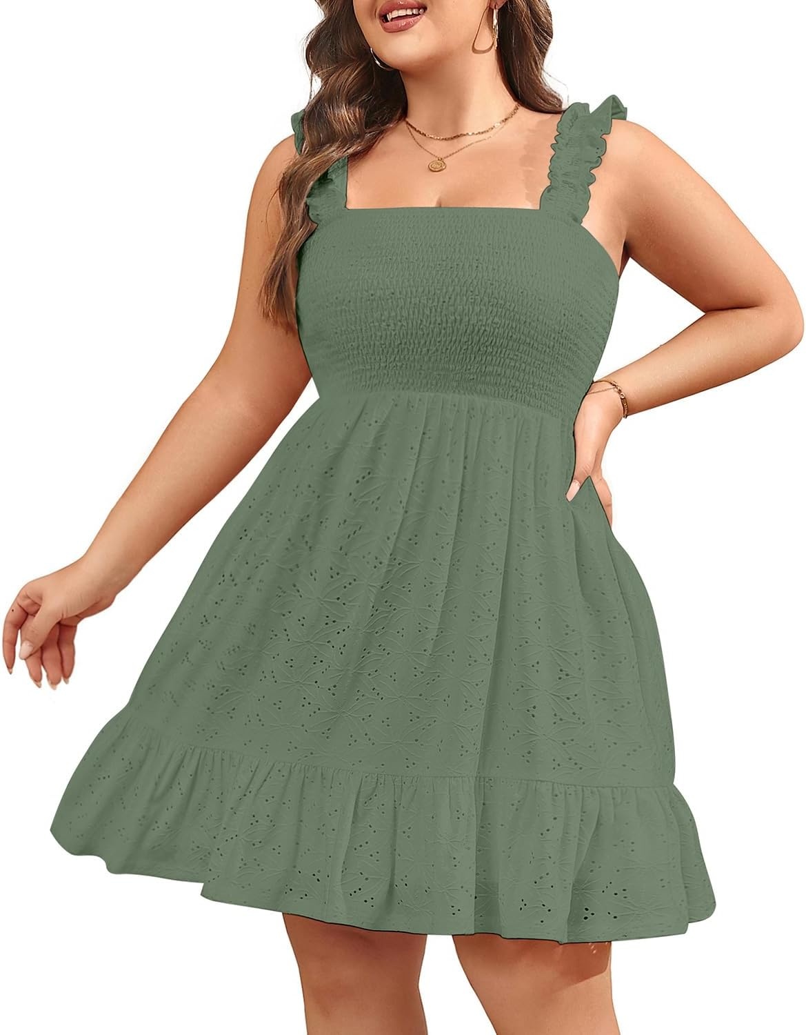 Talisea Women’s Plus Size Summer Dresses – Casual Eyelet Square Neck Sleeveless Smocked Ruffle A-Line Cute Short Sundress(Gray Green)