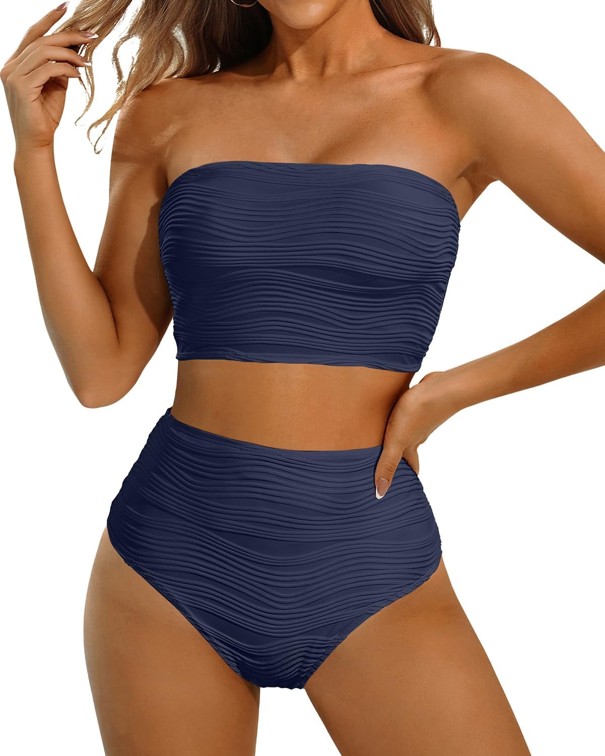 High Waisted Bandeau Bikini Set – Women Strapless Two Piece Swimsuits Ribbed Longline Full Coverage Bathing Suits Swimwear(Navy Blue)