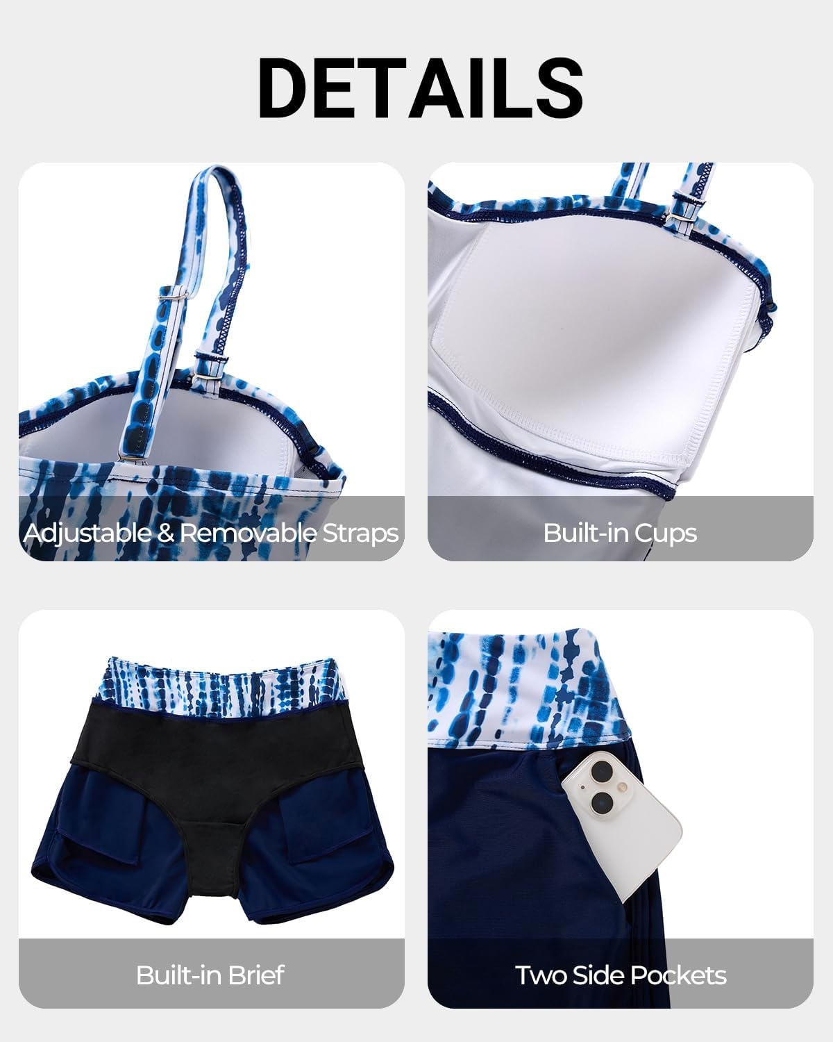 Women’s Tankini Swimsuits with Shorts – Two Piece Tummy Control Bathing Suit Twist Bandeau Swimwear with Pockets 2025(Blue Tie Dye)