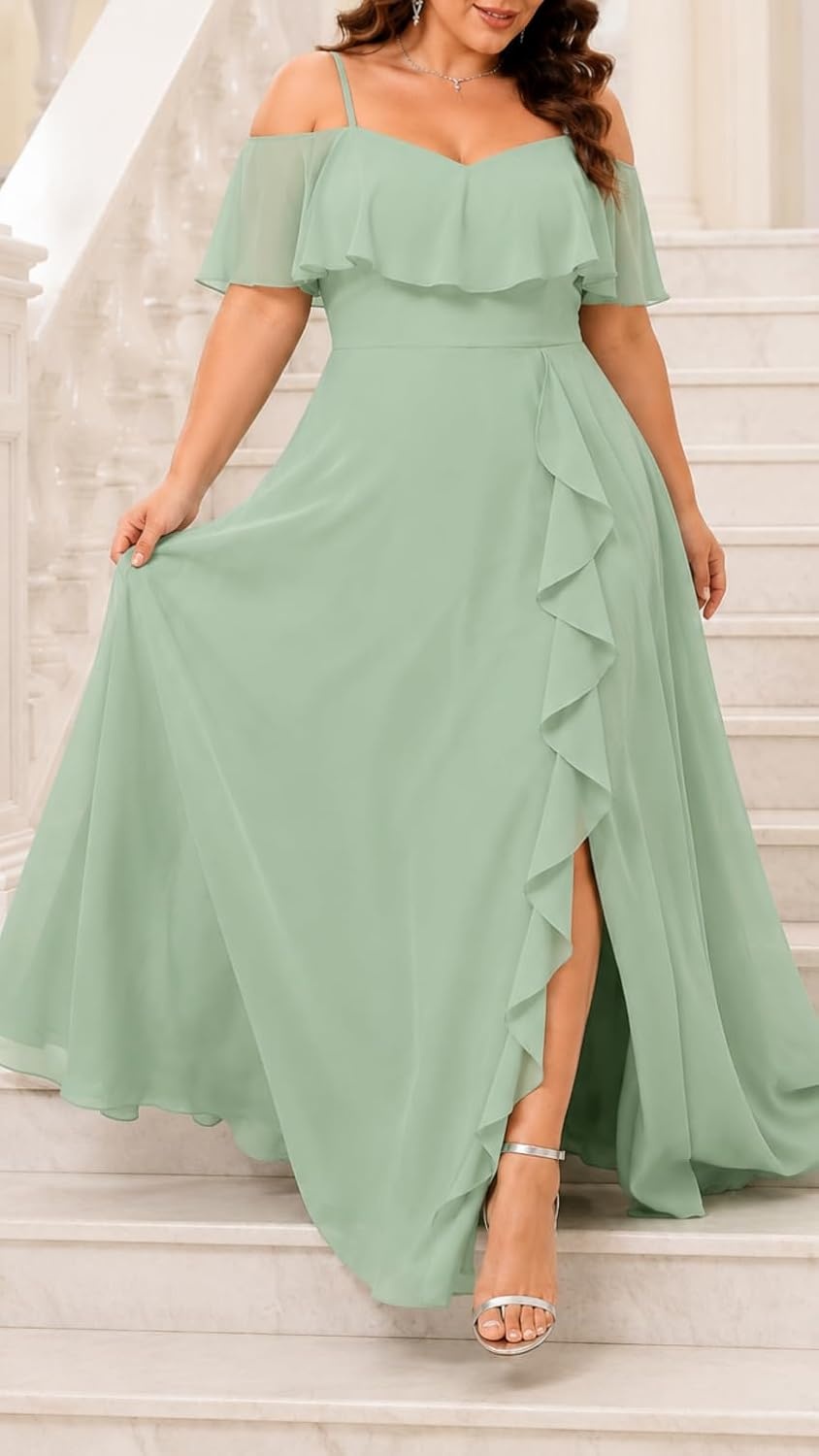 Plus Size Formal Dresses Off Shoulder Chiffon High Slit Ruffle Wedding(Sage Green)