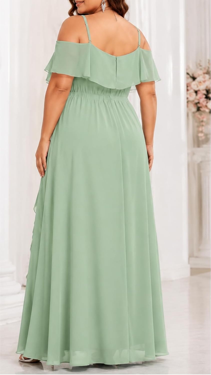 Plus Size Formal Dresses Off Shoulder Chiffon High Slit Ruffle Wedding(Sage Green)