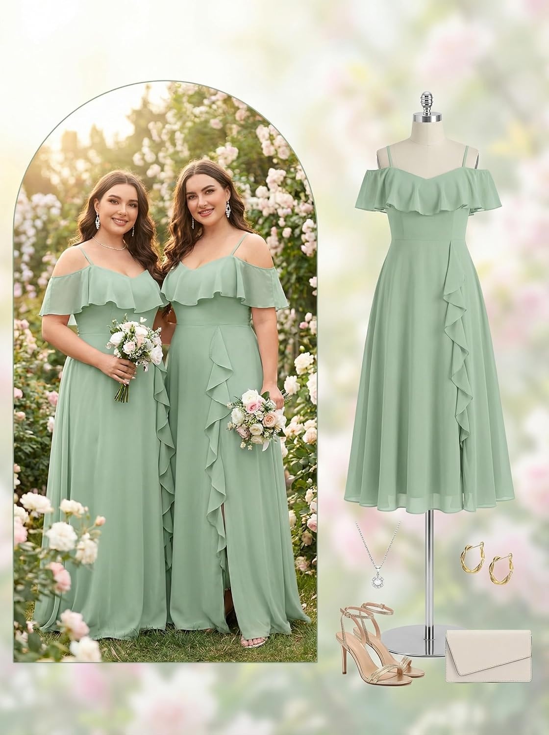 Plus Size Formal Dresses Off Shoulder Chiffon High Slit Ruffle Wedding(Sage Green)
