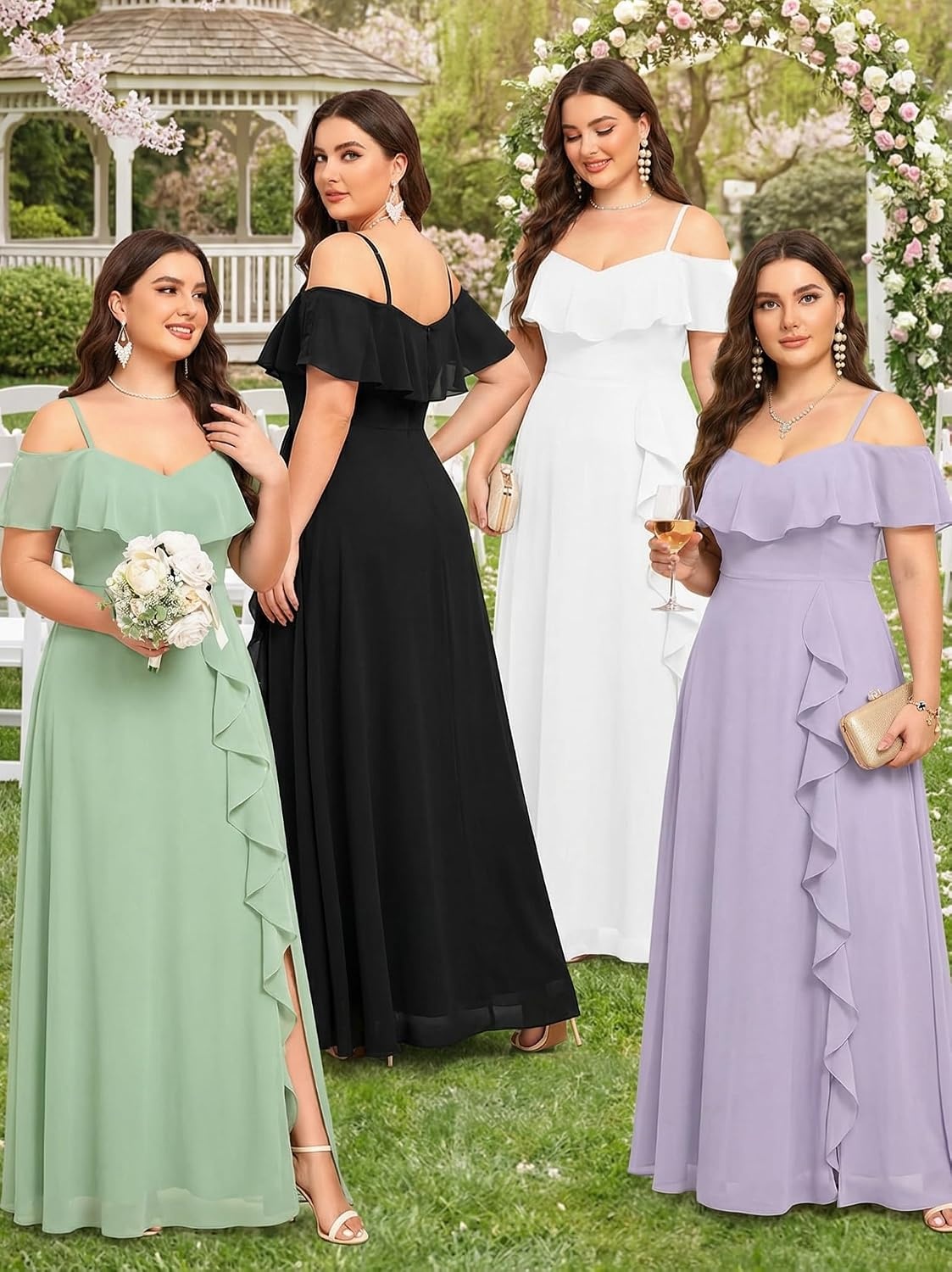 Plus Size Formal Dresses Off Shoulder Chiffon High Slit Ruffle Wedding(Sage Green)