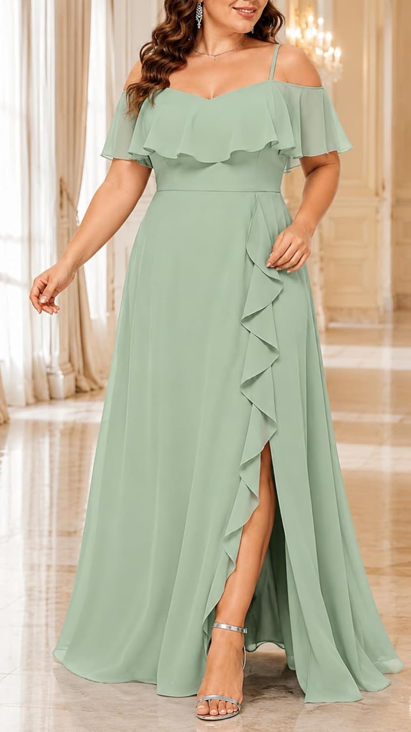 Plus Size Formal Dresses Off Shoulder Chiffon High Slit Ruffle Wedding(Sage Green)