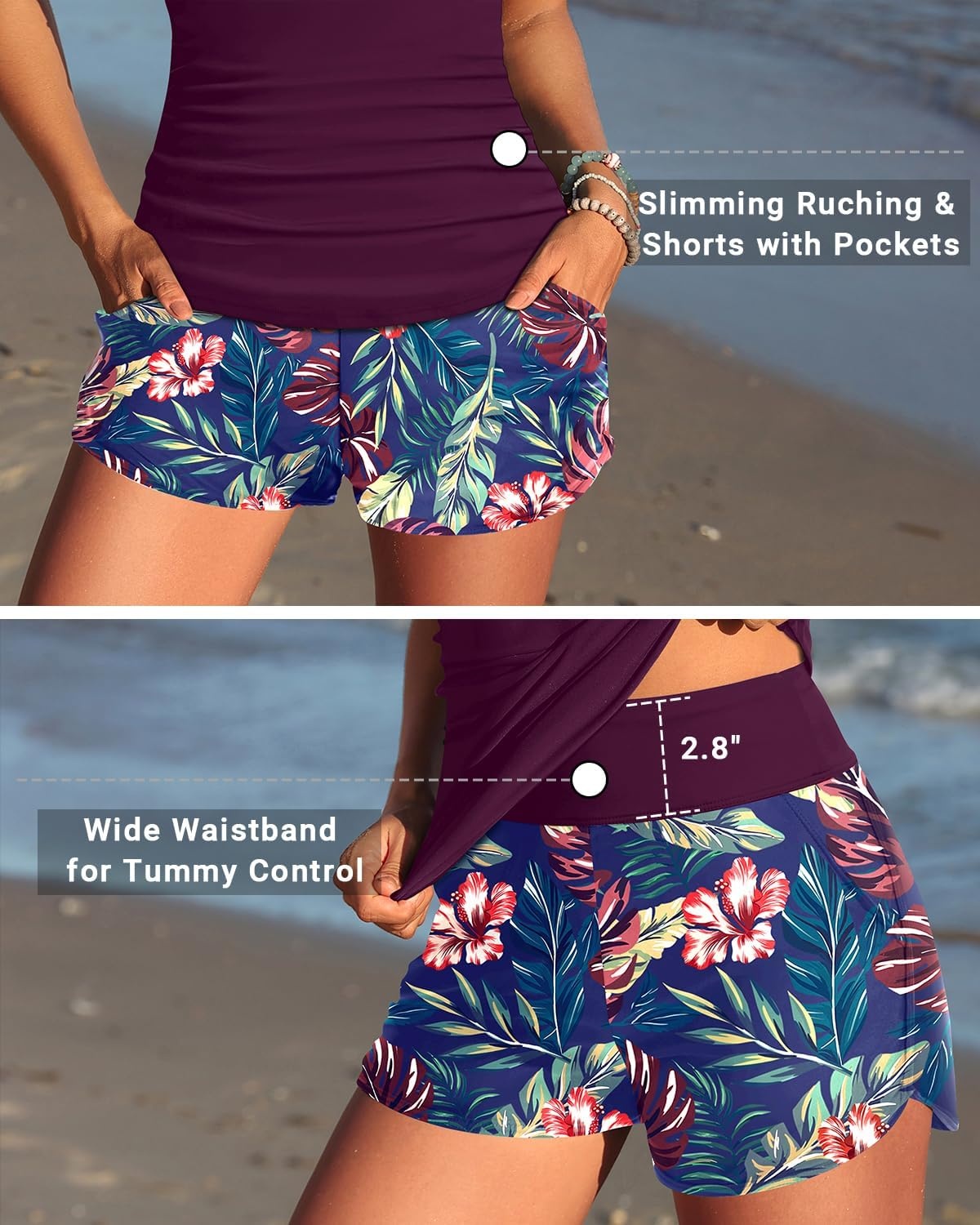 Tankini Bathing Suits with Skirt Two Piece Tummy Control Twist Swimsuits | Adjustable Straps,Slimming Ruching Design,Chic Twist Front and V-Neck,Built-In Safety Brief(Purple Leaf With Shorts)