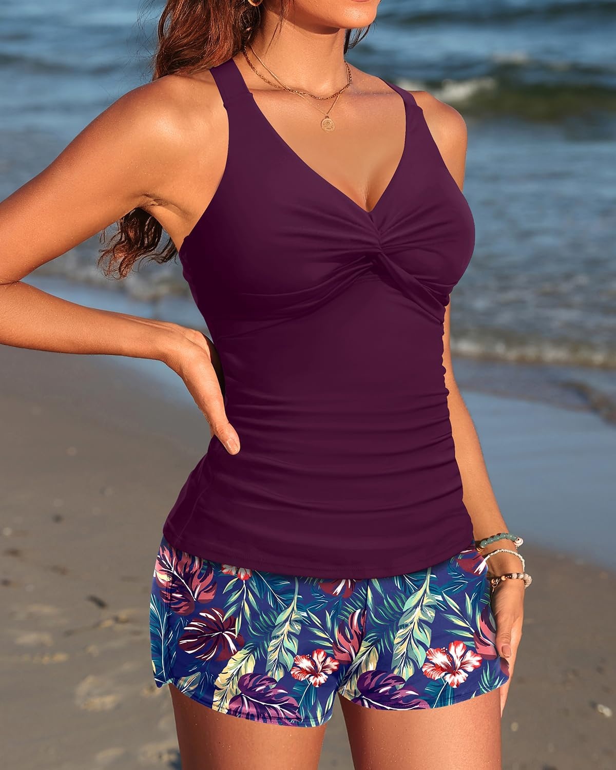 Tankini Bathing Suits with Skirt Two Piece Tummy Control Twist Swimsuits | Adjustable Straps,Slimming Ruching Design,Chic Twist Front and V-Neck,Built-In Safety Brief(Purple Leaf With Shorts)