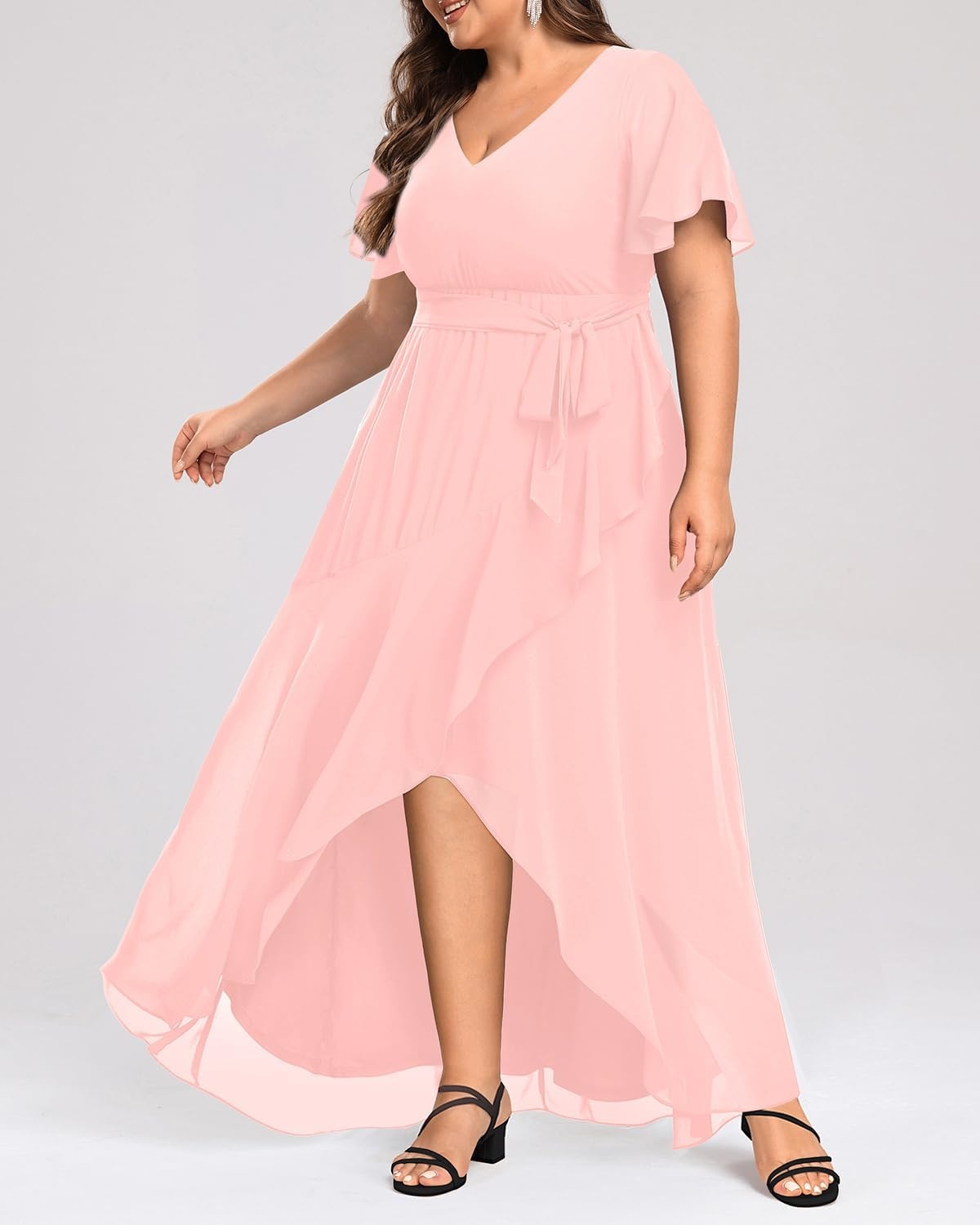 Talisea Womens Plus Size Long Dress Chiffon High Low Split Ruffle Evening Bridesmaid Wedding Guest Formal Maxi Dresses(Pink)