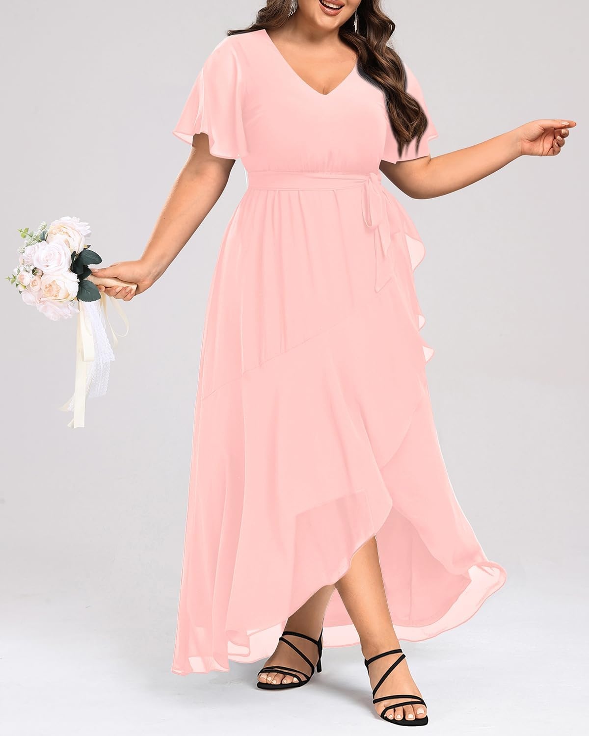 Talisea Womens Plus Size Long Dress Chiffon High Low Split Ruffle Evening Bridesmaid Wedding Guest Formal Maxi Dresses(Pink)