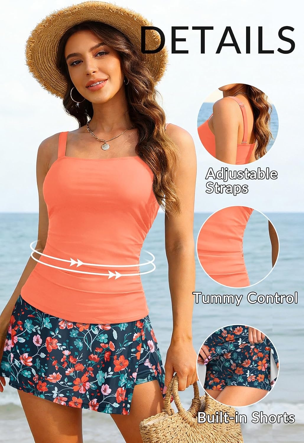 Talisea Womens Two Piece Tankini Bathing Suits with Skirt Tummy Control Swimsuits Ladies Swimwear(Orange Floral)
