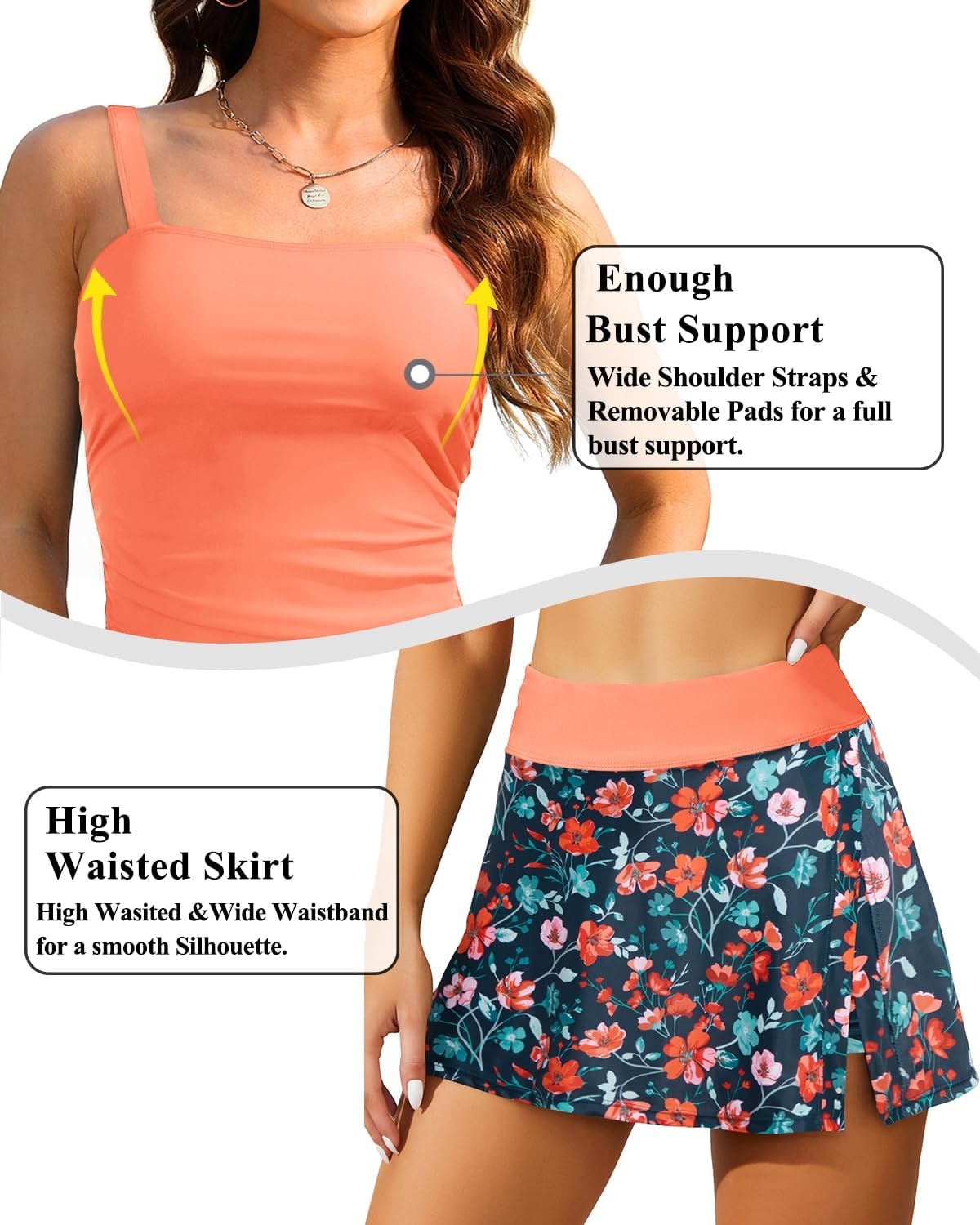 Talisea Womens Two Piece Tankini Bathing Suits with Skirt Tummy Control Swimsuits Ladies Swimwear(Orange Floral)
