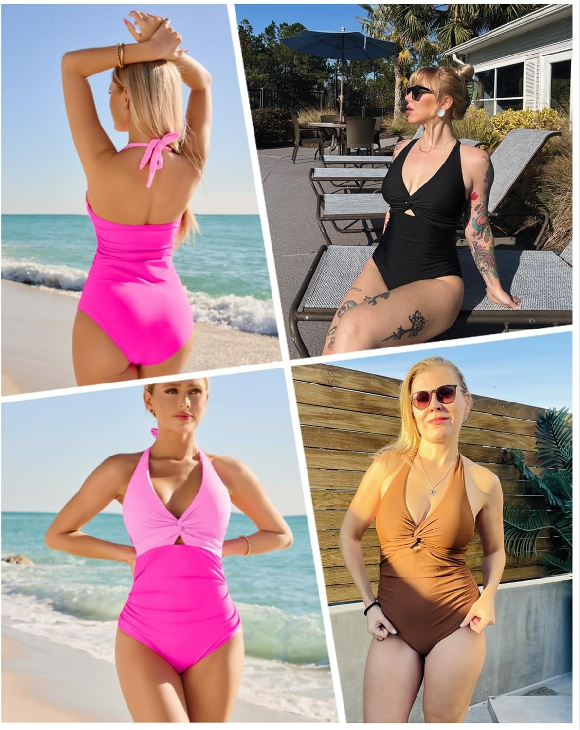 Tummy Control One Piece Swimsuits – Women Halter Bathing Suit 2025 Twist Front Cut Out Full Coverage Swimwear(Pink)