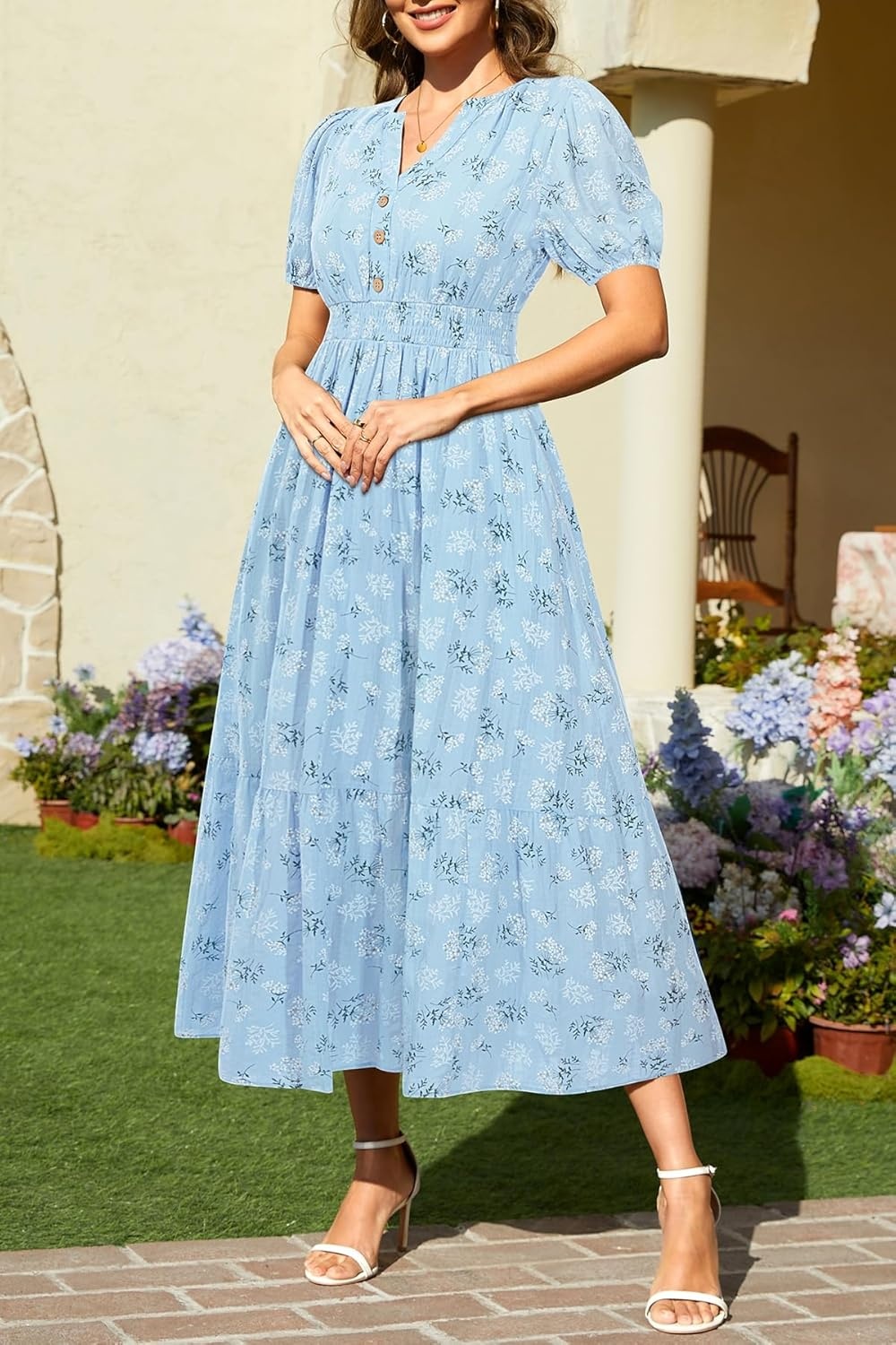 Talisea Womens Summer Maxi Dress – Puff Sleeve V Neck Smocked Tiered Boho Casual A-Line Wedding Guest Long Dress with Pockets(Blue Floral)