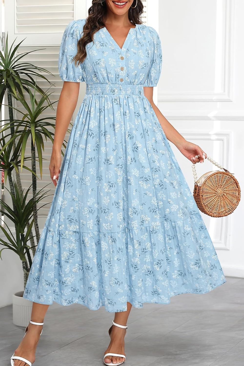 Talisea Womens Summer Maxi Dress – Puff Sleeve V Neck Smocked Tiered Boho Casual A-Line Wedding Guest Long Dress with Pockets(Blue Floral)