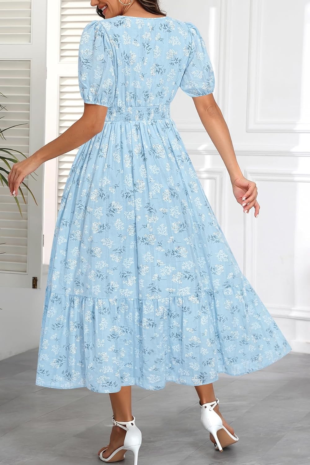 Talisea Womens Summer Maxi Dress – Puff Sleeve V Neck Smocked Tiered Boho Casual A-Line Wedding Guest Long Dress with Pockets(Blue Floral)