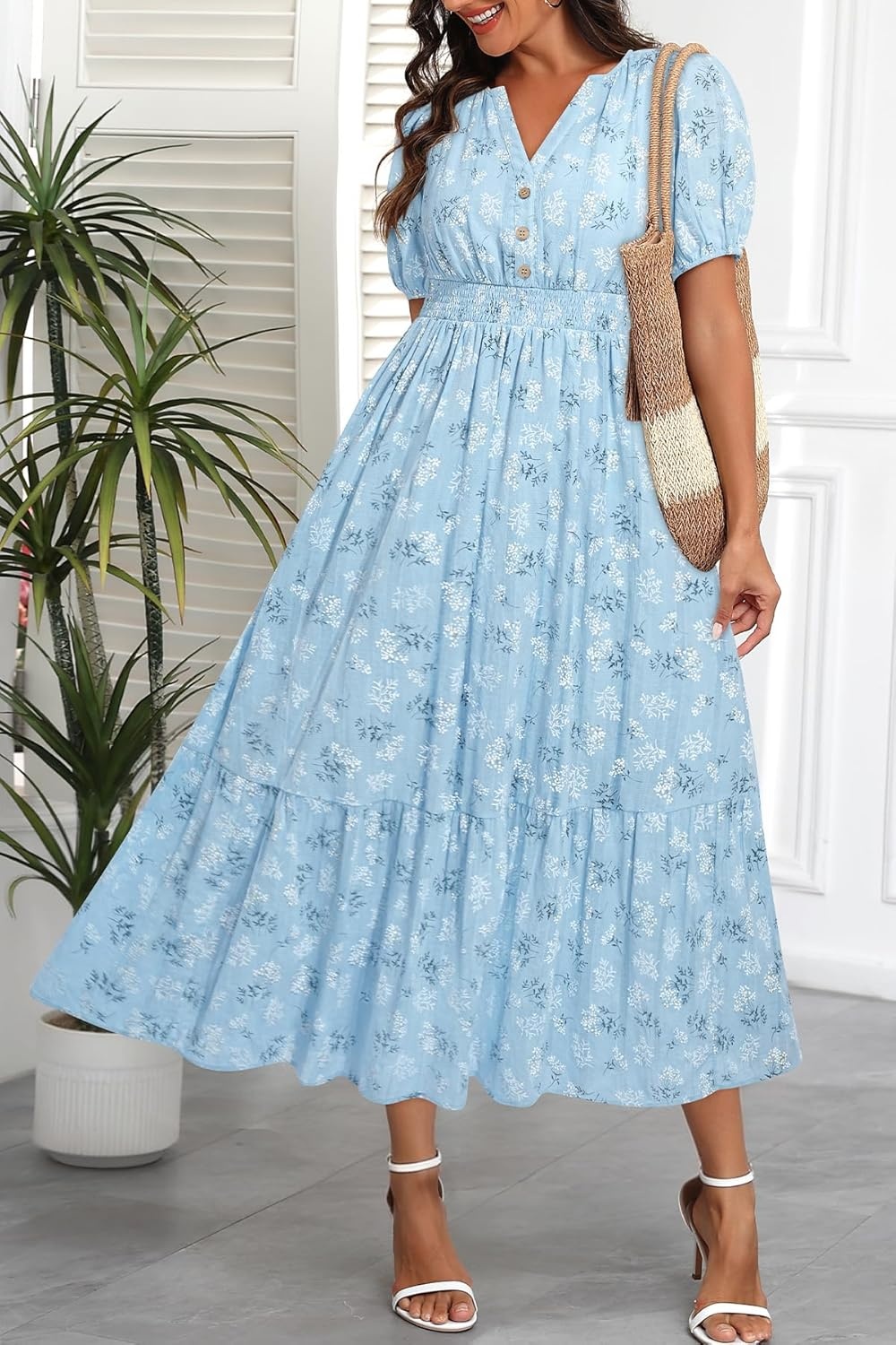 Talisea Womens Summer Maxi Dress – Puff Sleeve V Neck Smocked Tiered Boho Casual A-Line Wedding Guest Long Dress with Pockets(Blue Floral)